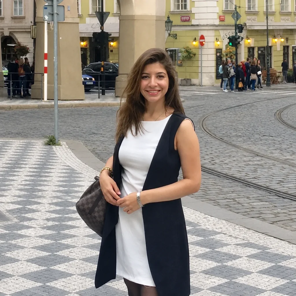 Smiling Woman in Historic European Square